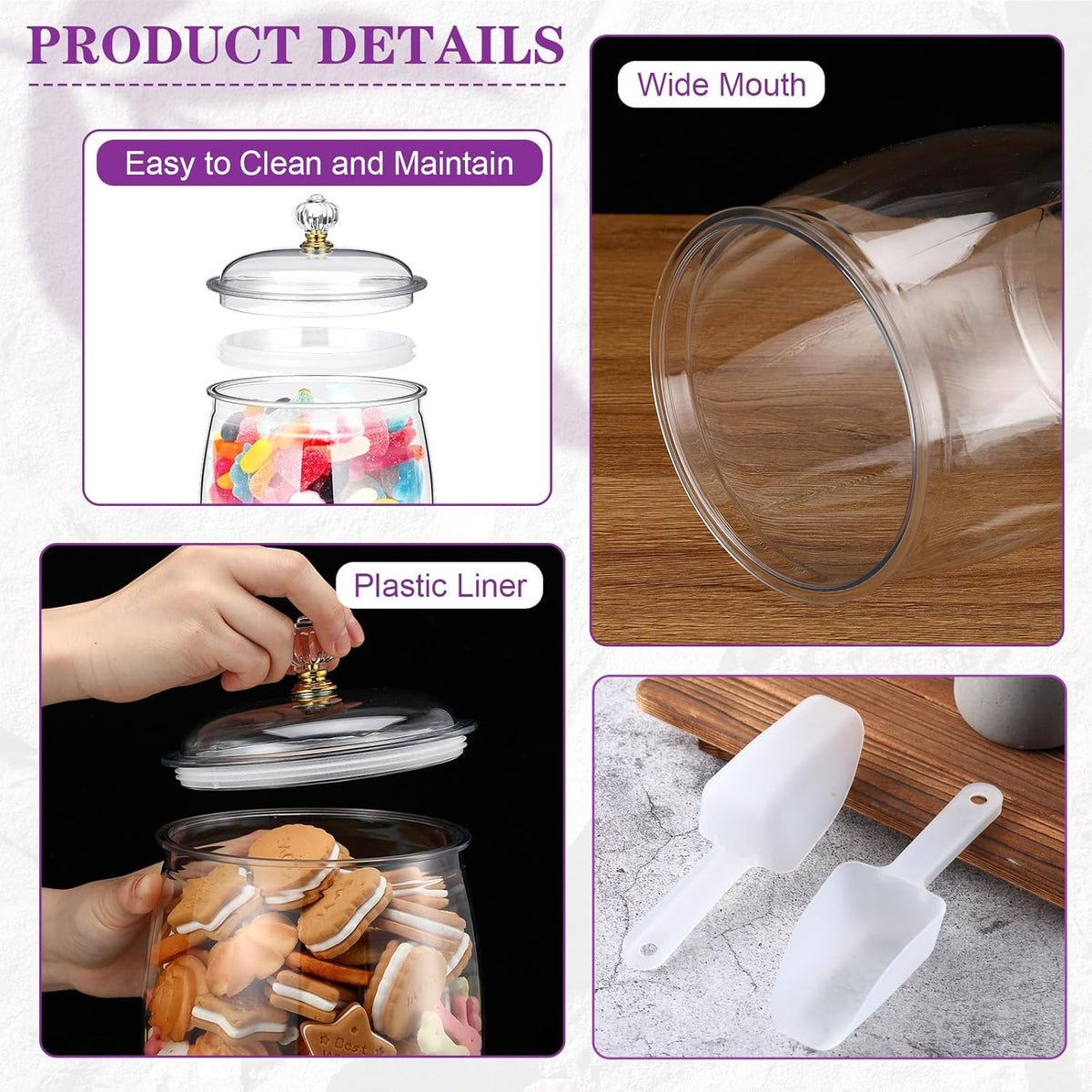 Nuogo 4 Pcs Plastic Candy and Cookie Jars with Lids Clear Cookie Container Candy Jars Large
