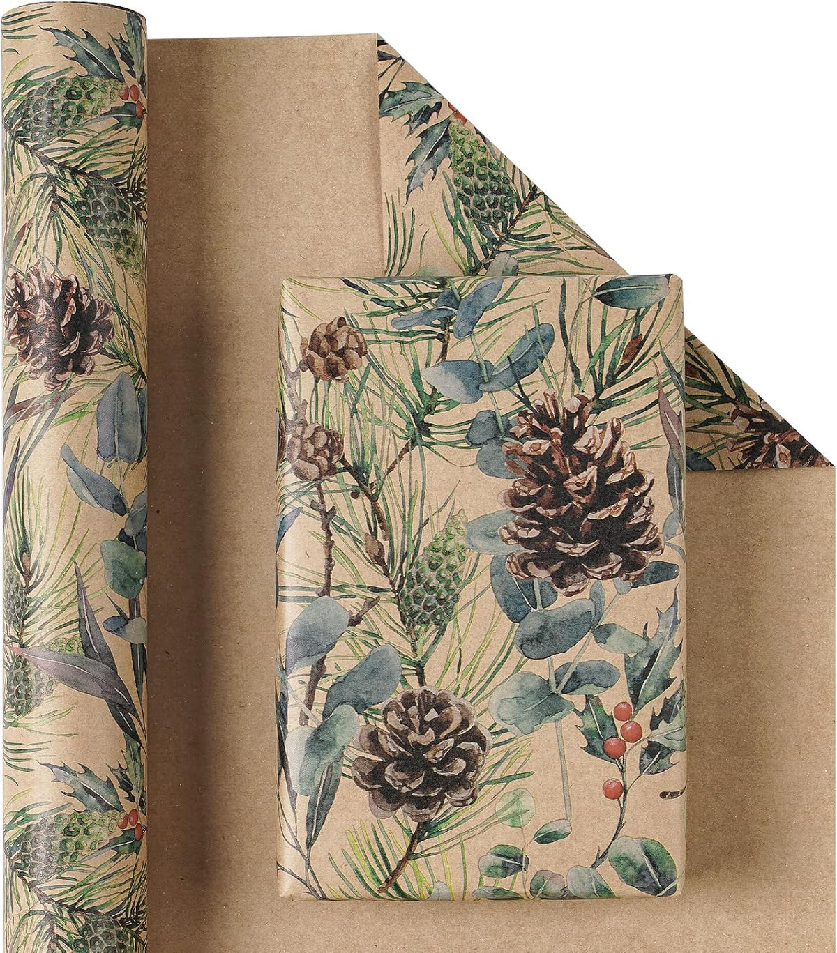RUSPEPA Kraft Christmas Wrapping Paper Roll, Mini Roll, Watercolor Pinecone and Eucalyptus Leaf