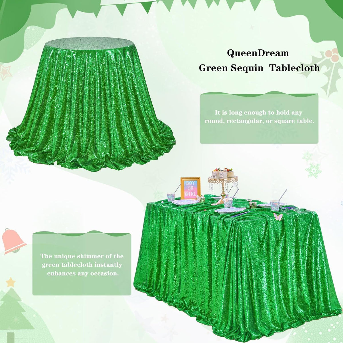QueenDream 60x102 Inches Green Table Clothes for Parties Birthday Wedding Sequin Tablecloth Cake