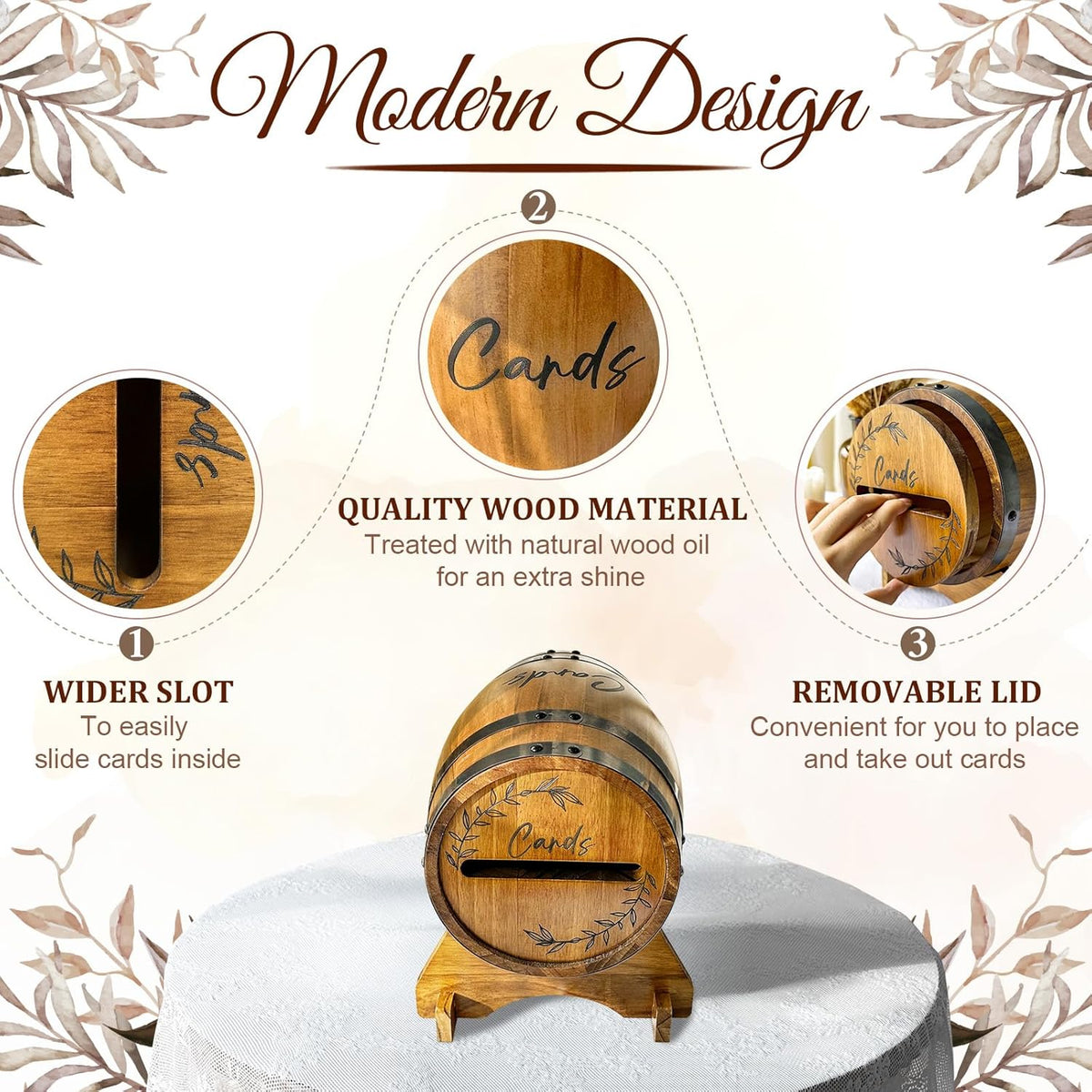OurWarm Wooden Wedding Card Box for Party with Base, Brown Whiskey Barrel Gift Card Box Holder for