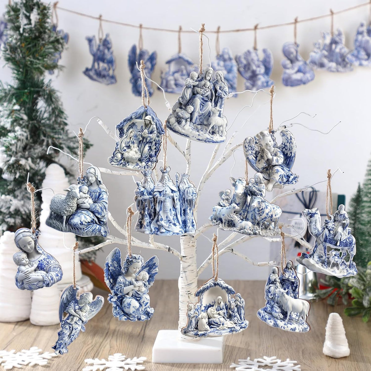 Suzile 36 Pcs Christmas Wooden Ornaments Nativity Scene Tree Decorations Vintage Blue and White