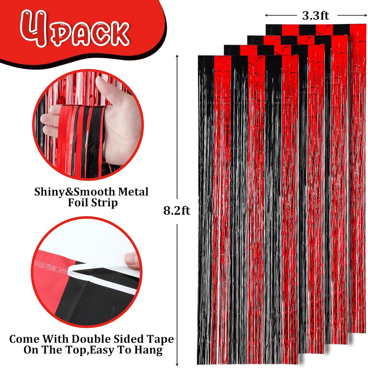 4 Pack 3.3x8.2 Feet Red and Black Foil Fringe Backdrop Curtains, Tinsel Streamers Birthday Party