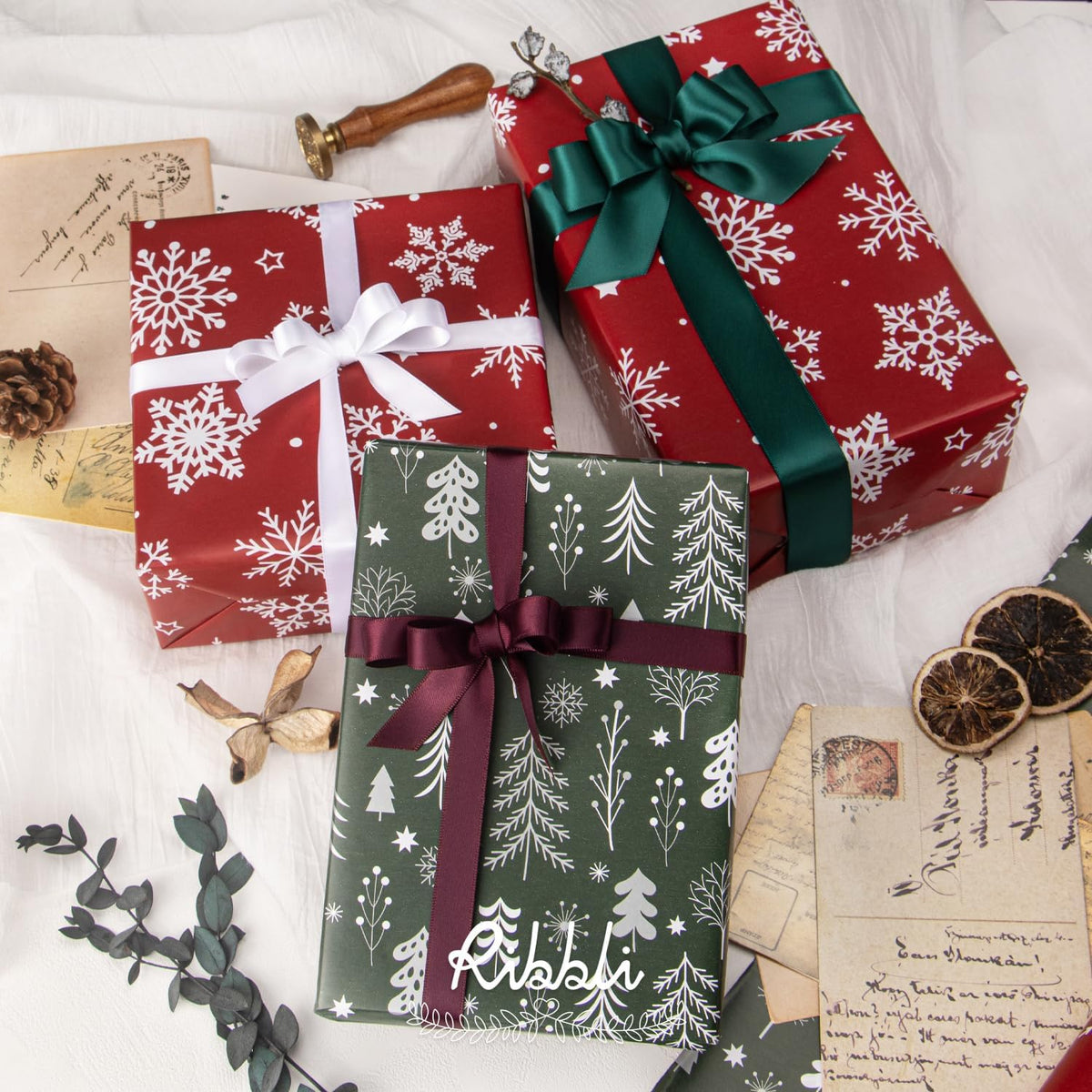Ribbli Christmas Wrapping paper Reversible Snowflake and Christmas Tree Red Green Gift Wrapping