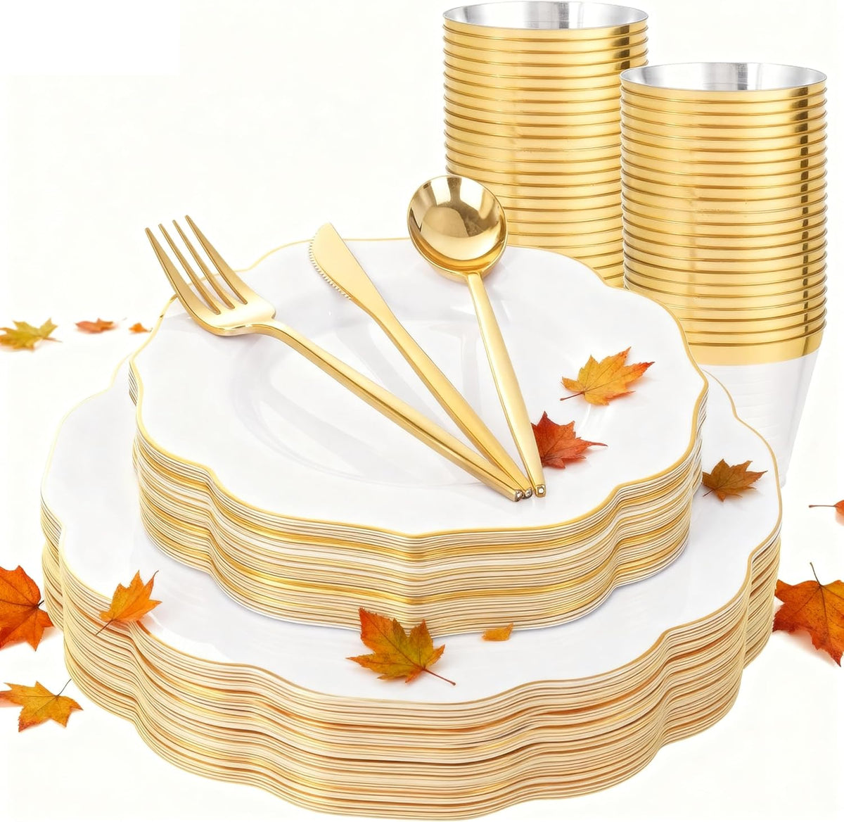 bUCLA 180PCS White and Gold Plastic Plates Disposable - White with Gold Rim Dinnerware Set Include