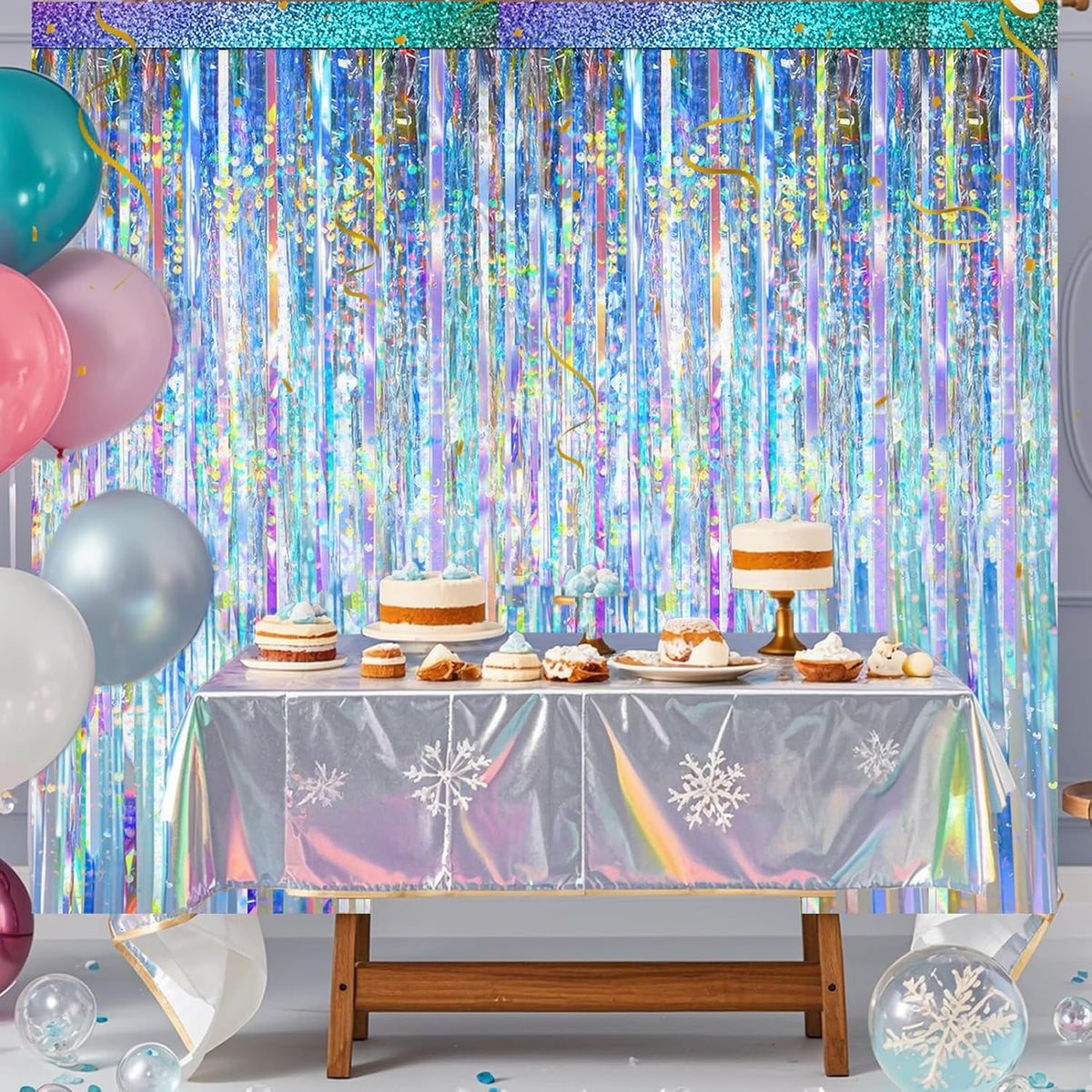 2 Packs Iridescent Foil Fringe Curtain, Neon Transparent Holographic Tinsel Backdrop for Birthday