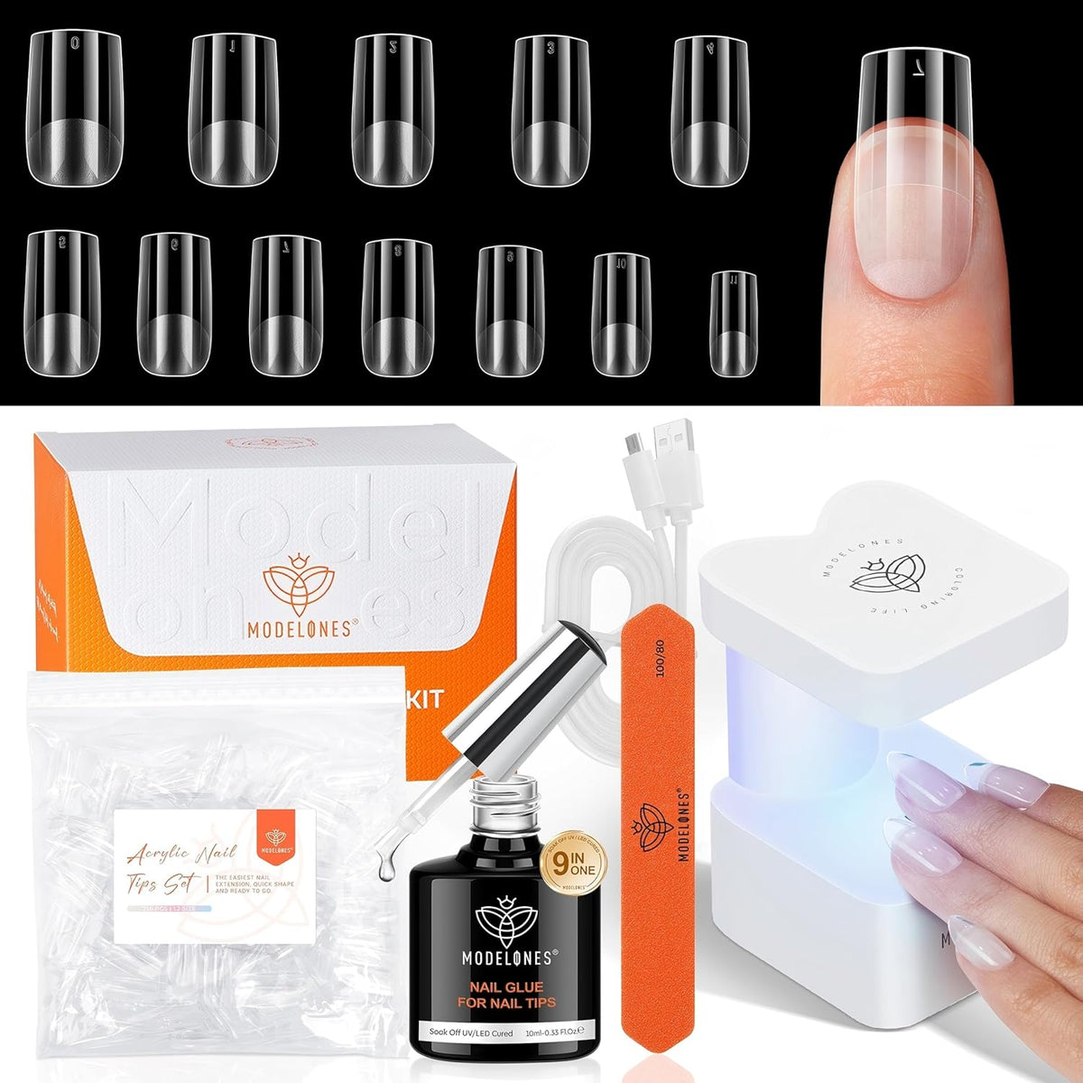 modelones Short Square Gel Nail Tips Kit, 9-in-One Nail Glue with Portable U V Lamp 216Pcs 12Sizes