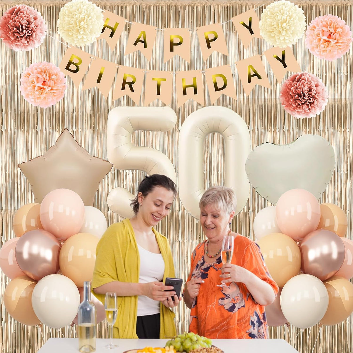 Beige 50th Birthday Decorations for Women Cream Number 50 Balloon Nude Gold Happy Birthday Banner