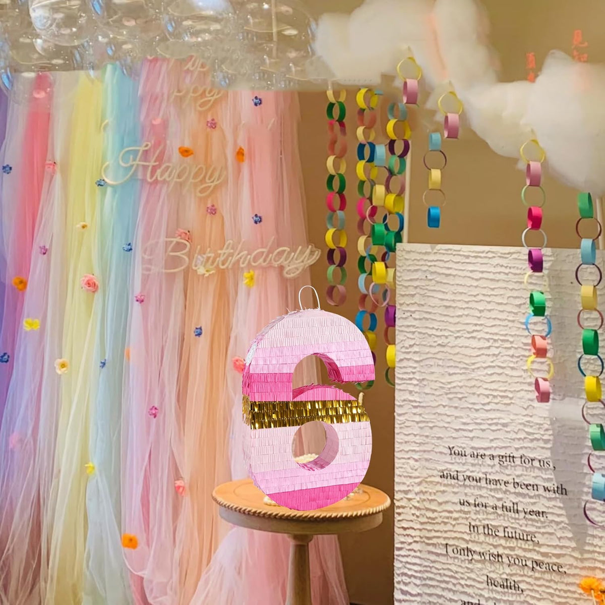 PCFING 20 Inch Number 6 Piñata Pink Gold with 30 Inch Piñata Stick Blindfold Confetti for Boys