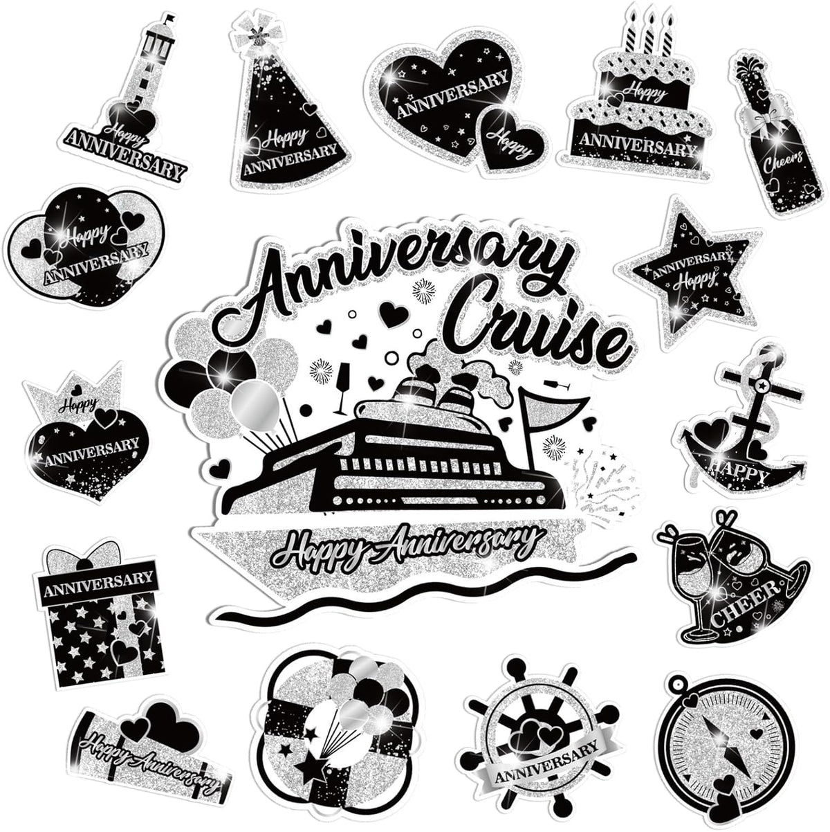Happy Anniversary Cruise Door Magnets Decorations,Black Silver Happy Anniversary Cruise Ship Door