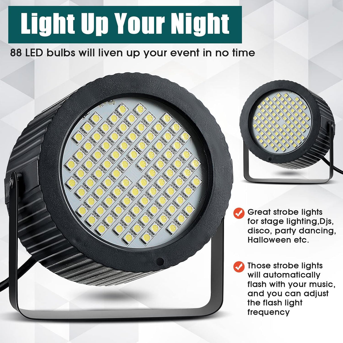 2 Pcs Bright White Strobe Light 88 LEDs Flash Party Lighting Speed and Sound Modes Flashing Lights