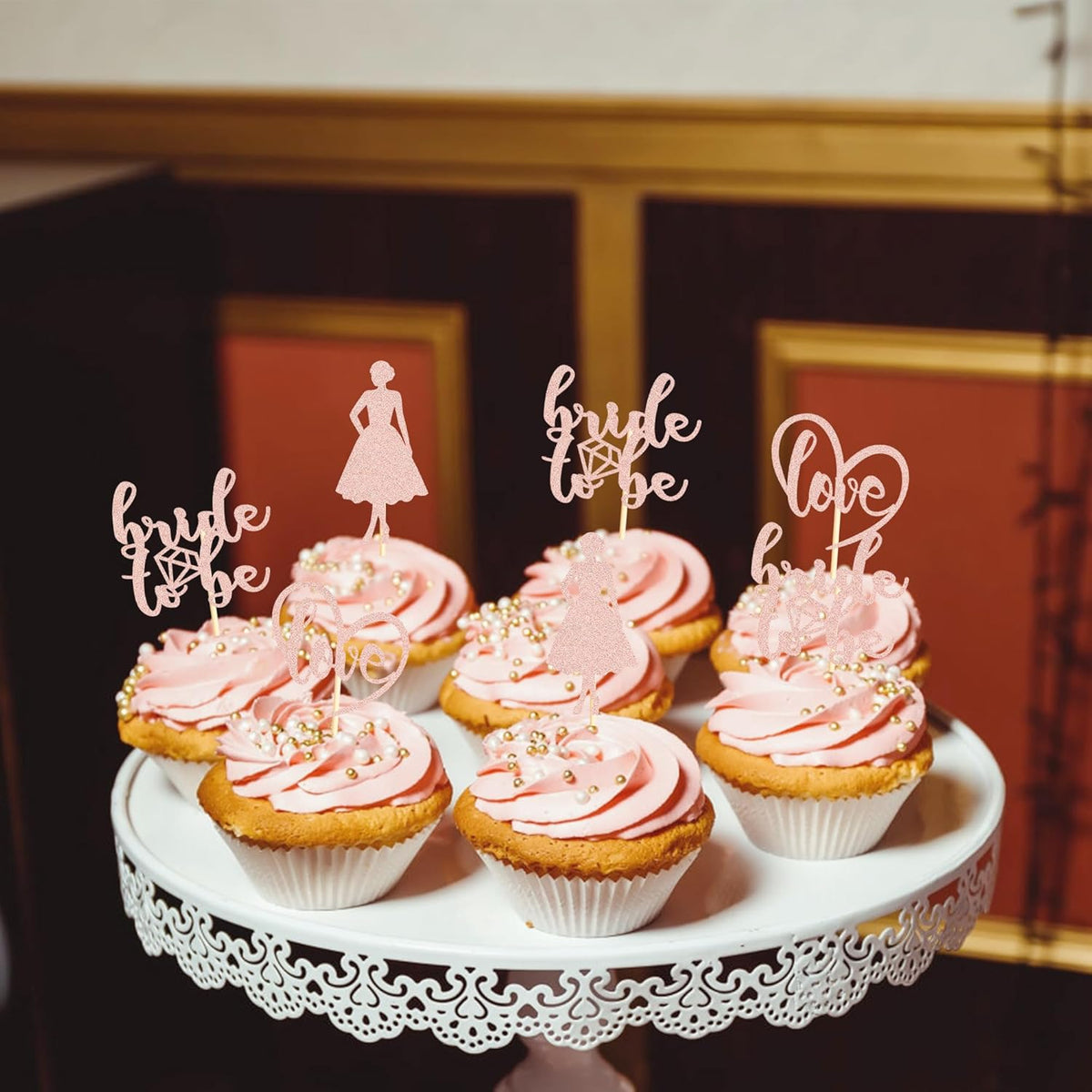 Sotpot 24PCS Bride to Be Cupcake Toppers with Heart Rose Gold Glitter Dress Bridal Shower Cupcake