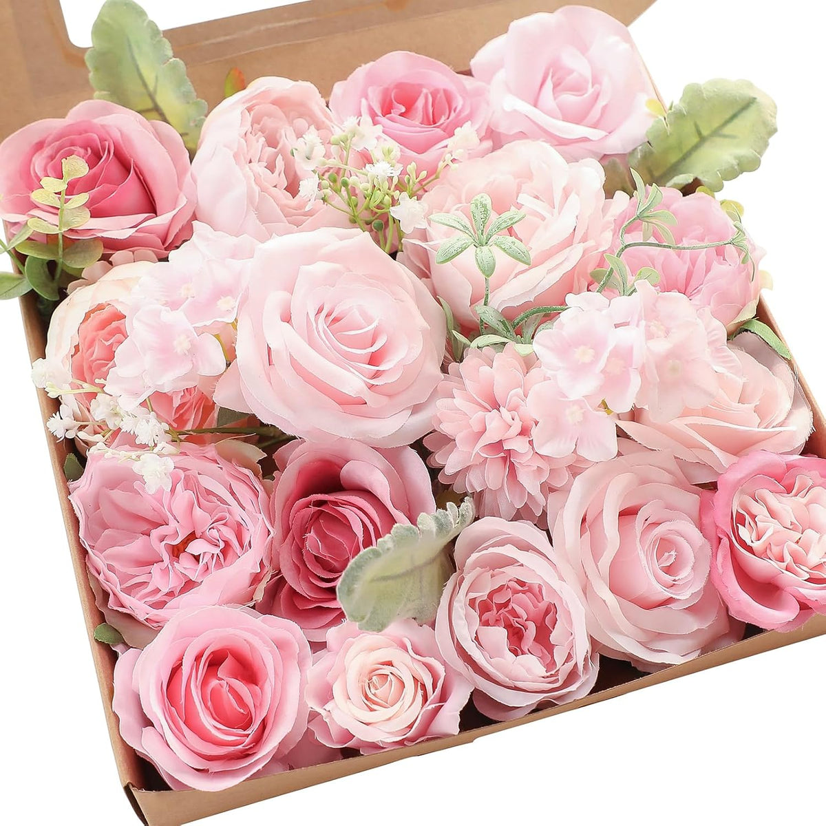 Floroom Blush Artificial Flowers Fake Roses Peonies Dahlia and Greenery Combo Box Set for DIY Pink
