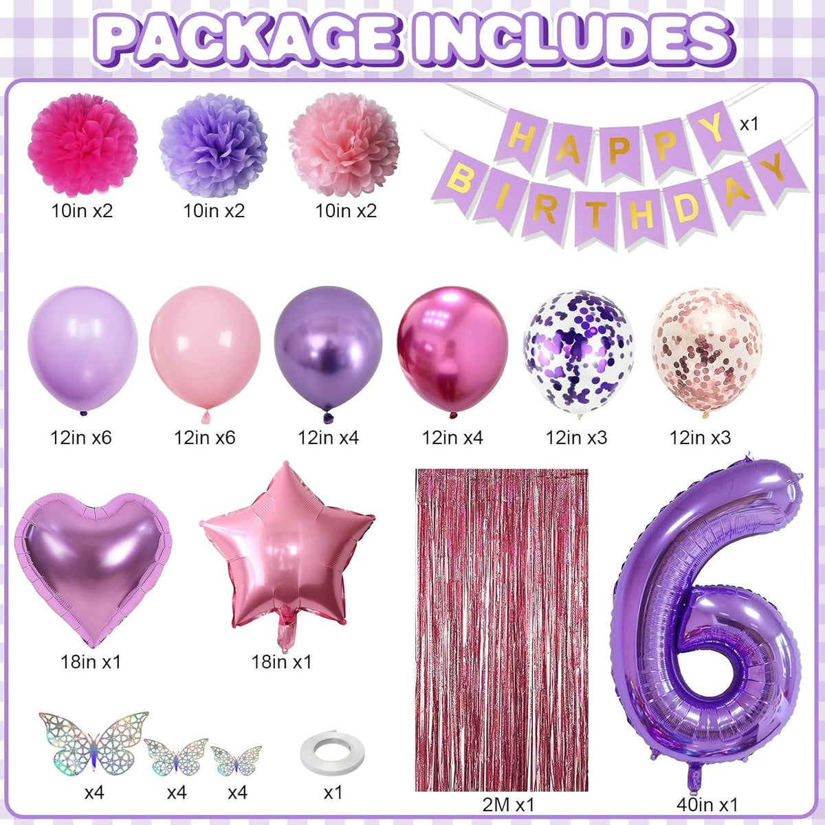 Pink Purple 6th Birthday Party Decorations for Girls Number 6 Balloon Happy Birthday Banner
