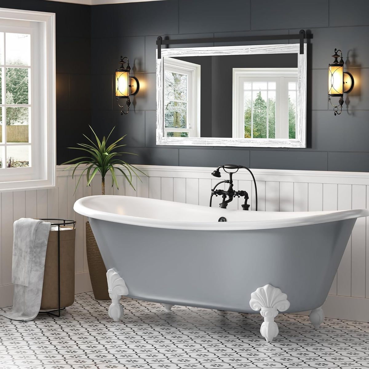 COGOOD Farmhouse Bathroom Mirror - 49 x 30 Rustic Wood Framed Wall Barn Door Mirror for Entryway