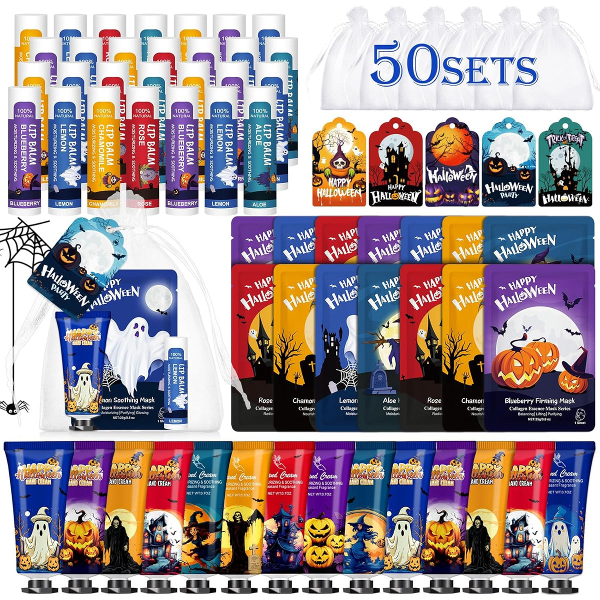 VESPRO 50 Pack Halloween Hand Cream, Facial Mask and Lip Balm Set, Bulk Halloween Gifts for Women
