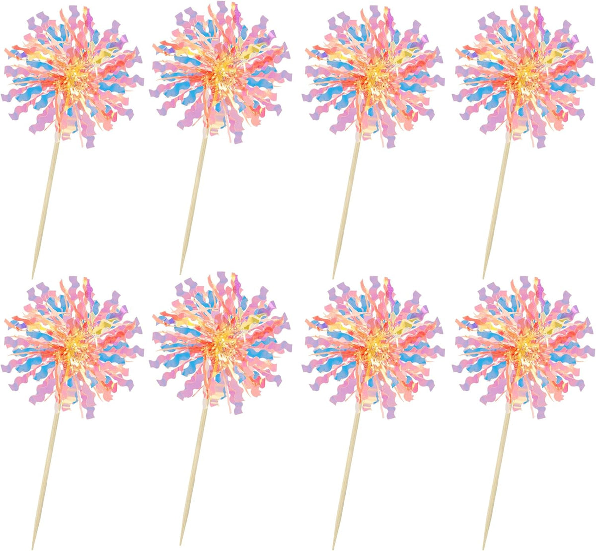 Ephlyn 30Pcs Foil Firework Cupcake Toppers Happy Birthday Cake Toppers Tinsel Flower Drink Stirrers