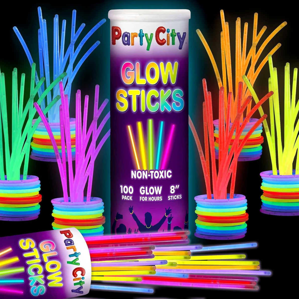 Party City 100 Glow Sticks Bulk Party Pack 8”– Neon Glow in the Dark Party Supplies, Glowsticks
