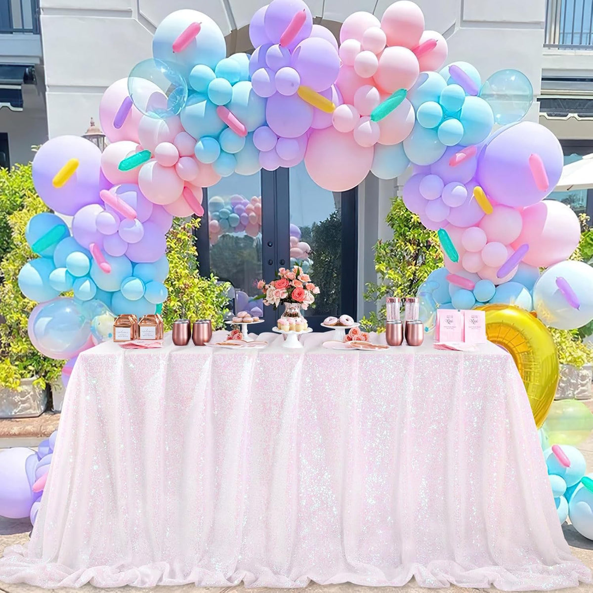 QueenDream Iridescent Mermaid Themed Party Decorations: 90x90 Inch Sequin Table Cloths White
