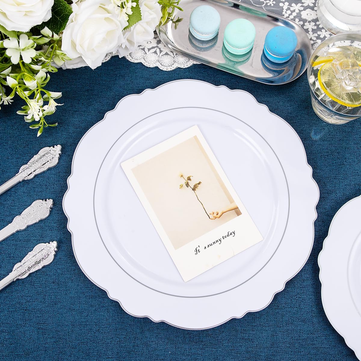 Liacere 350PCS Silver Plastic Plates-Disposable White and Silver Plates 50guest Baroque Plastic