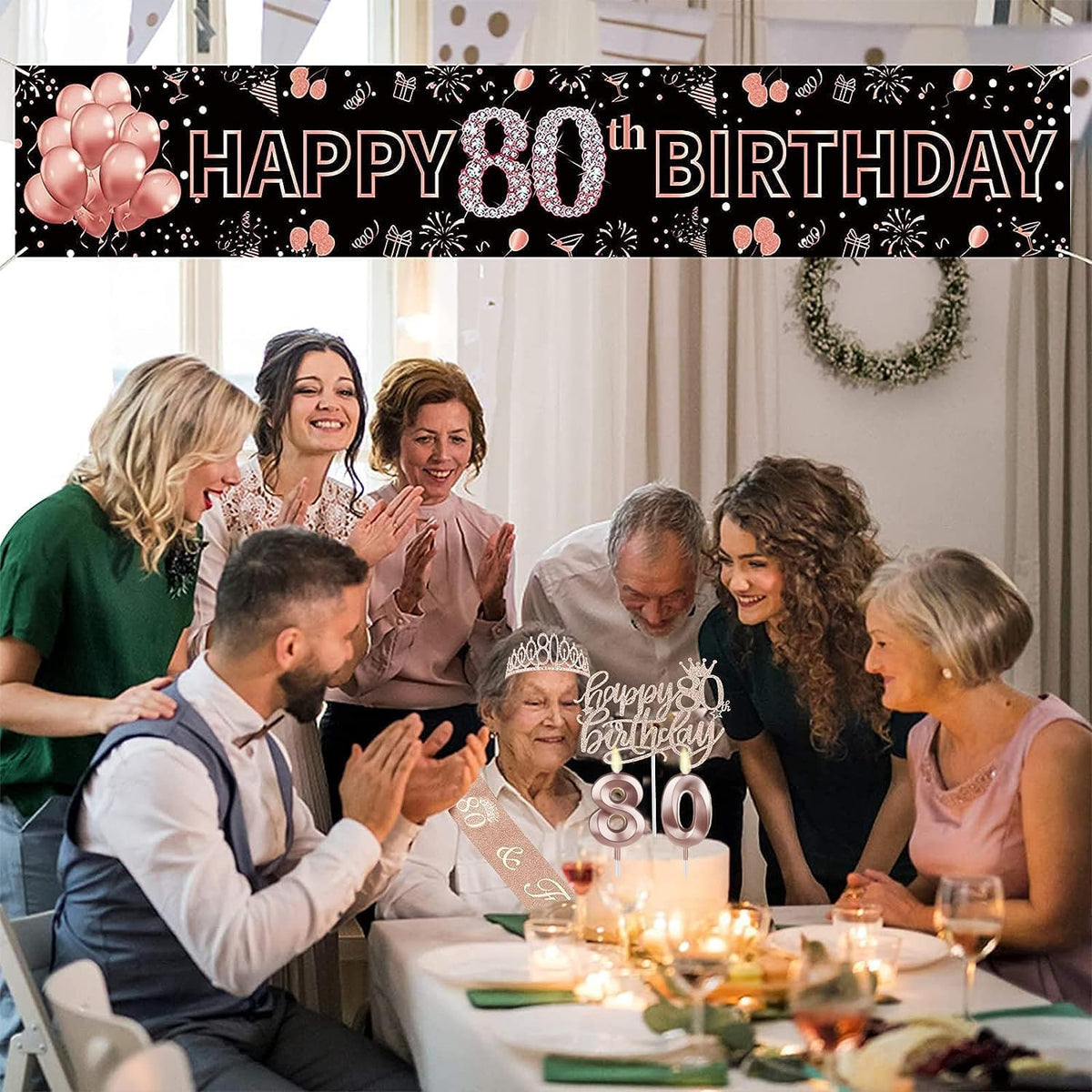 80th Birthday Decorations for Women, Including 80th Birthday Sash and Crown, Cake Topper and