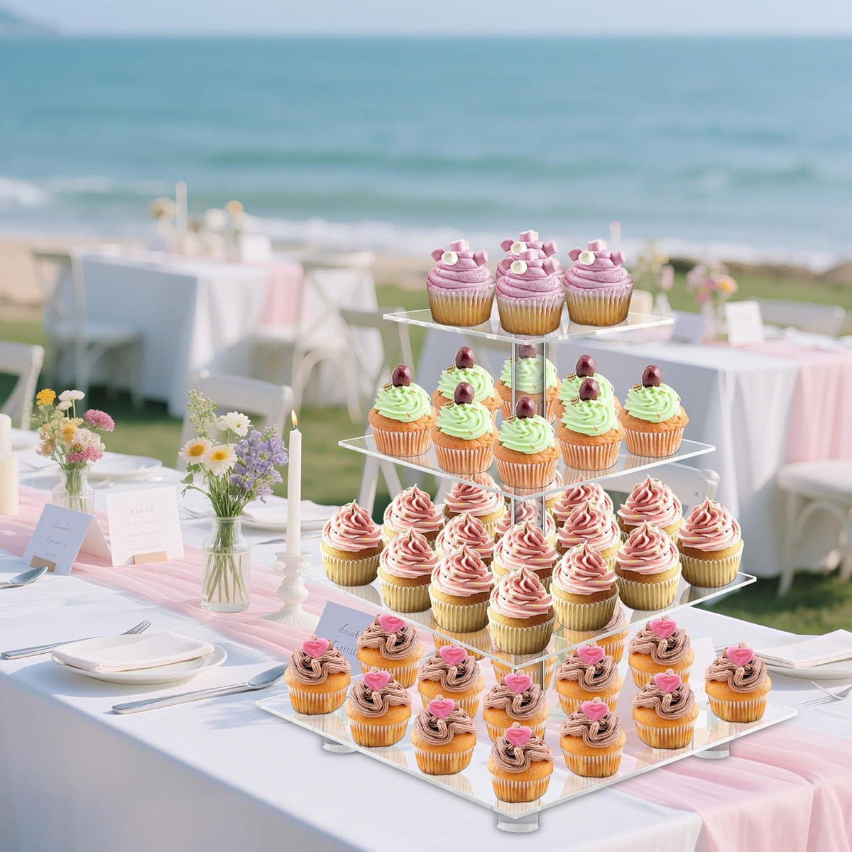 YestBuy 4 Tier Acrylic Cupcake Stand with Base, Premium Cupcake Holder, Acrylic Cupcake Tower