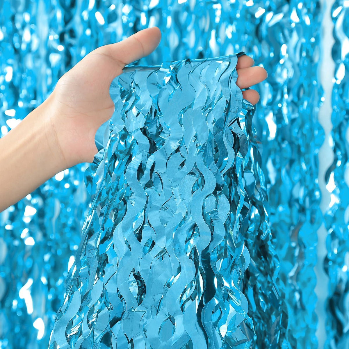 3 Pack Blue Wavy Tinsel Foil Fringe Curtain - 6.6 ft x 3.3 ft Foil Backdrop Photo Booth Props for