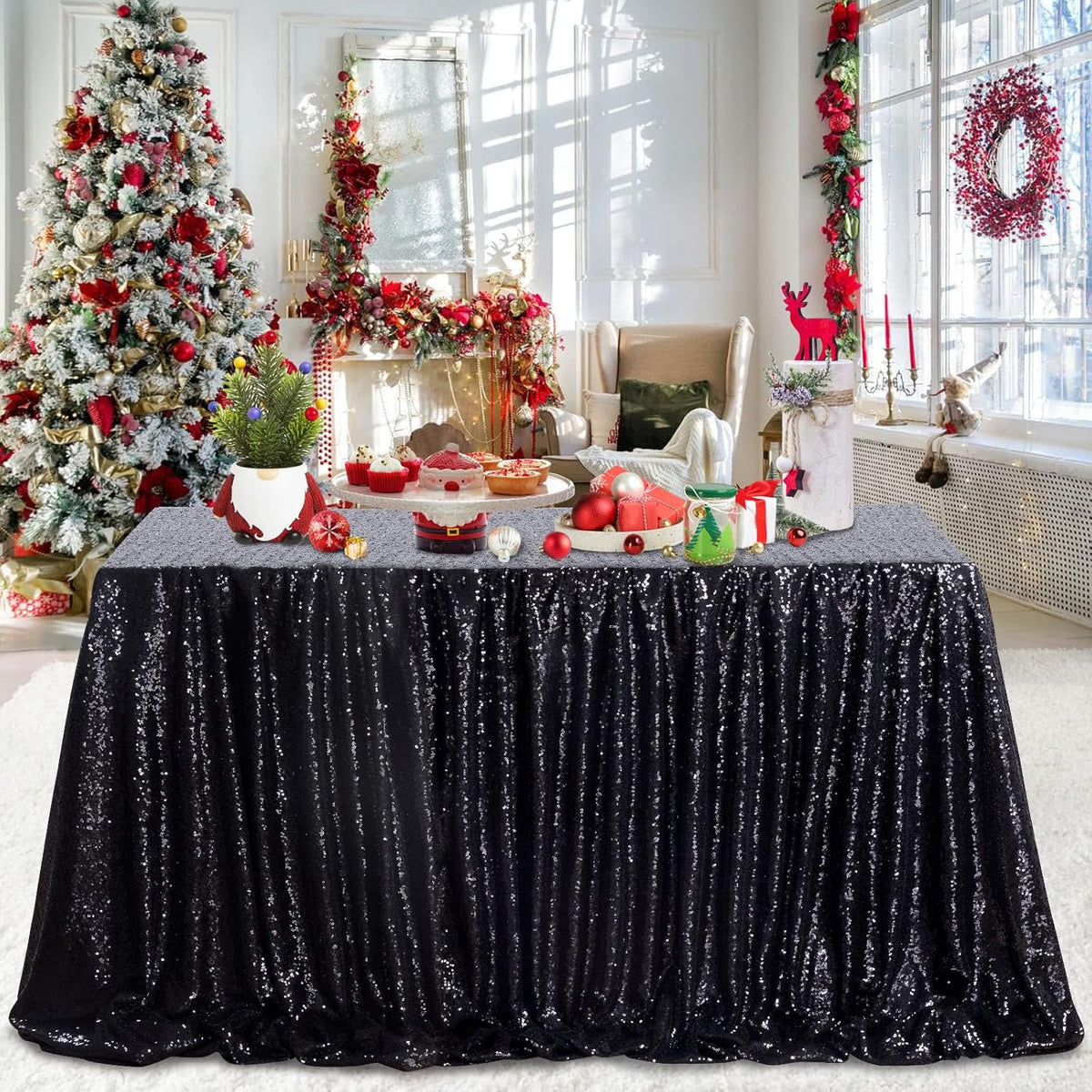 QueenDream Seamless Sequin Tablecloth 90x132 Inch Black Rectangular Tablecloth for Christmas