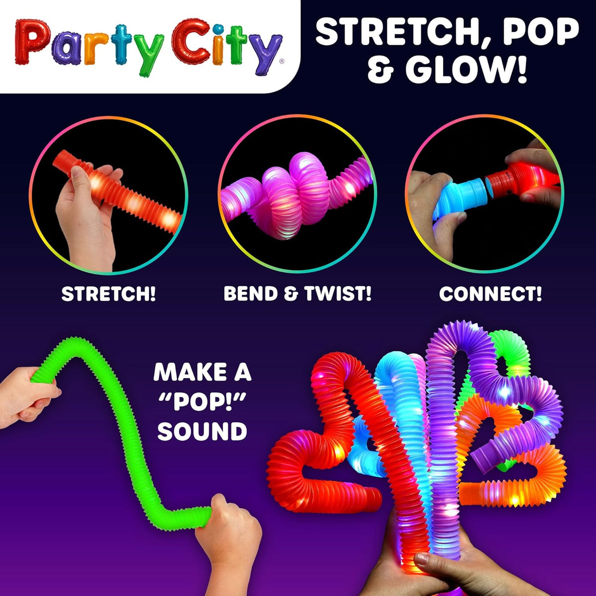 Party City 12pk LED Light Up Pop Tubes 25”- 3 Mode Stretchy Tubes LED Light Up Toys Bulk Glow
