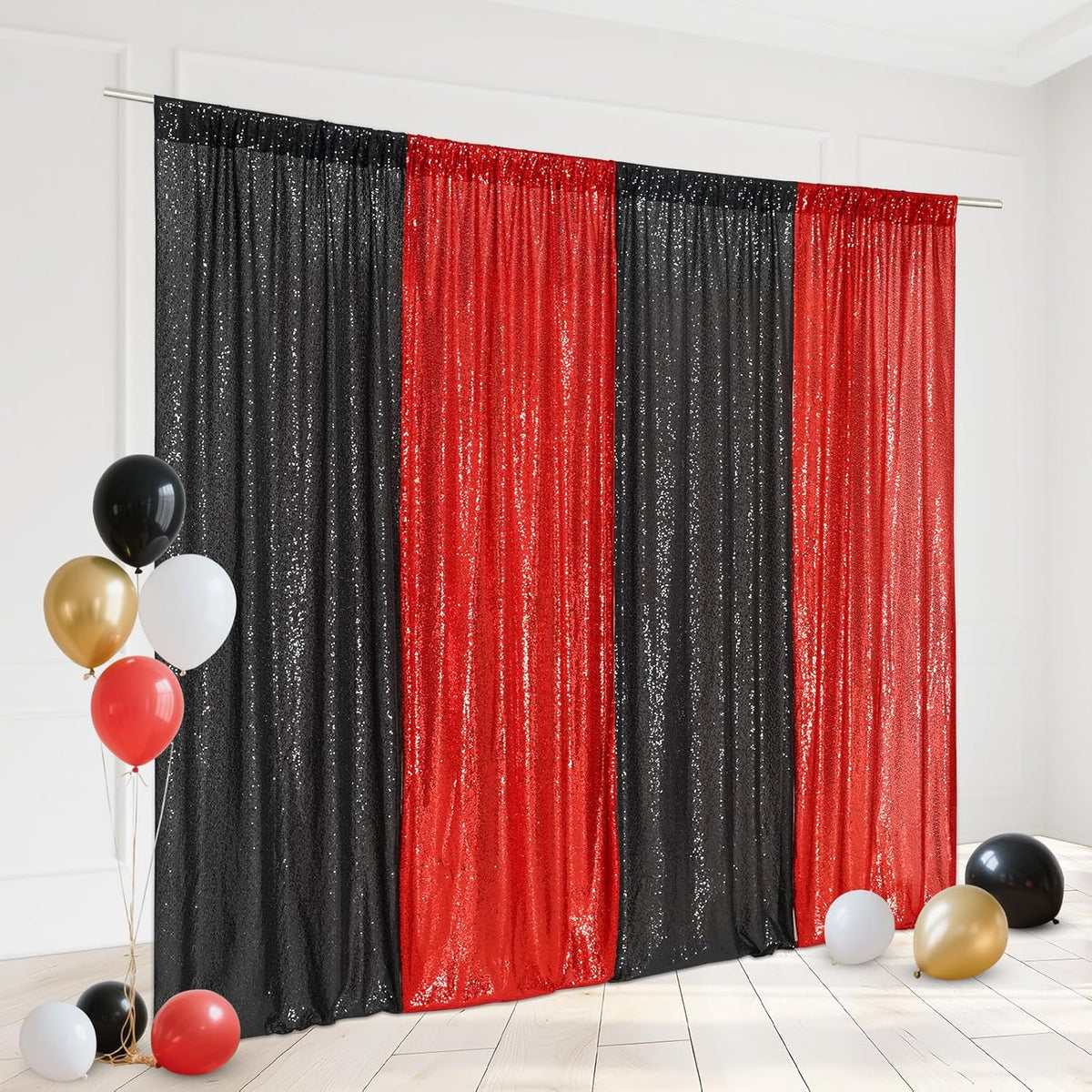 Eternal Beauty Black and Red Backdrop 4 PCS-2x8 Ft Sequin Curtain Panels for Christmas Party
