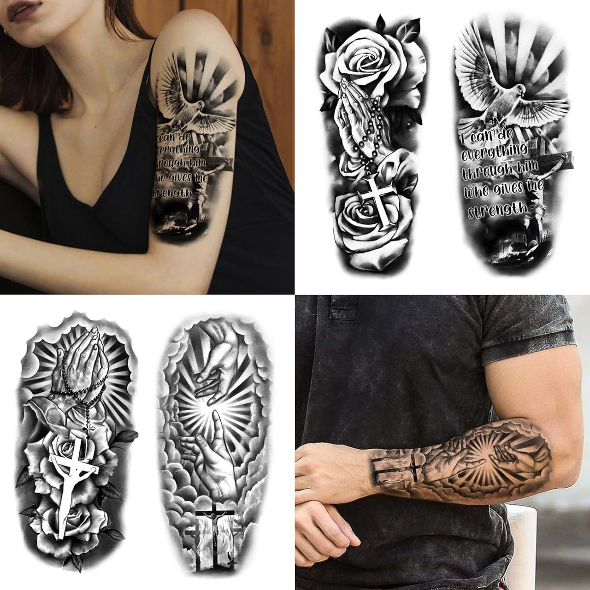 77 Sheets Christian Temporary Tattoo Adult, Religious Jesus Christ Cross Angels God Half Arm Fake