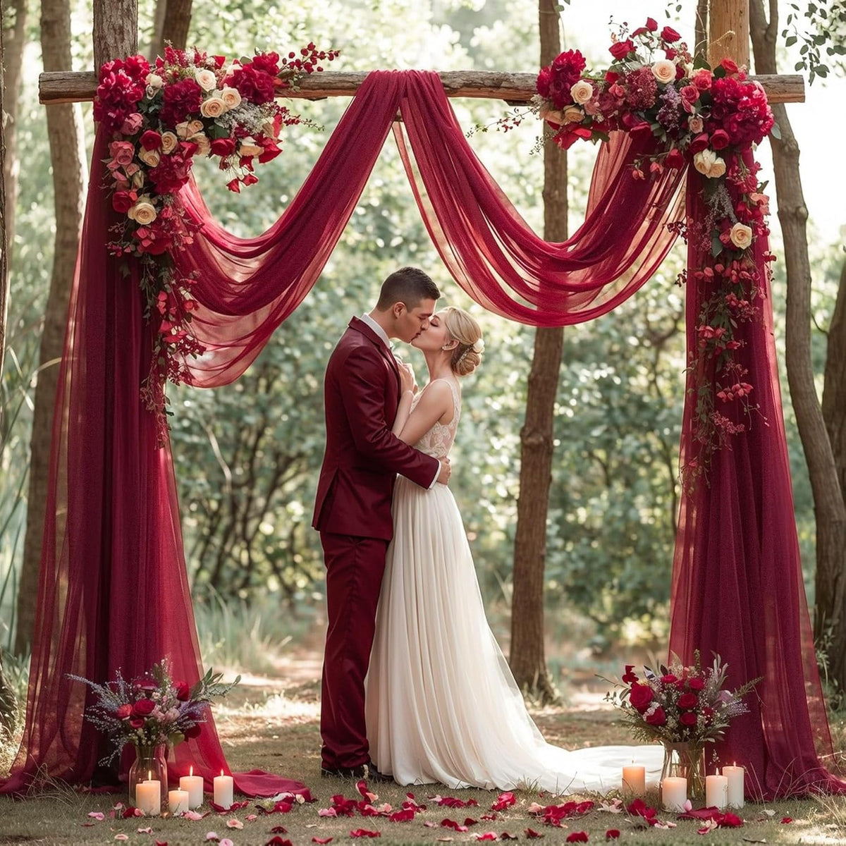 PARTISKY Wedding Arch Draping Fabric, 2 Panels Burgundy Sheer Backdrop Curtain Tulle Fabric Drapery