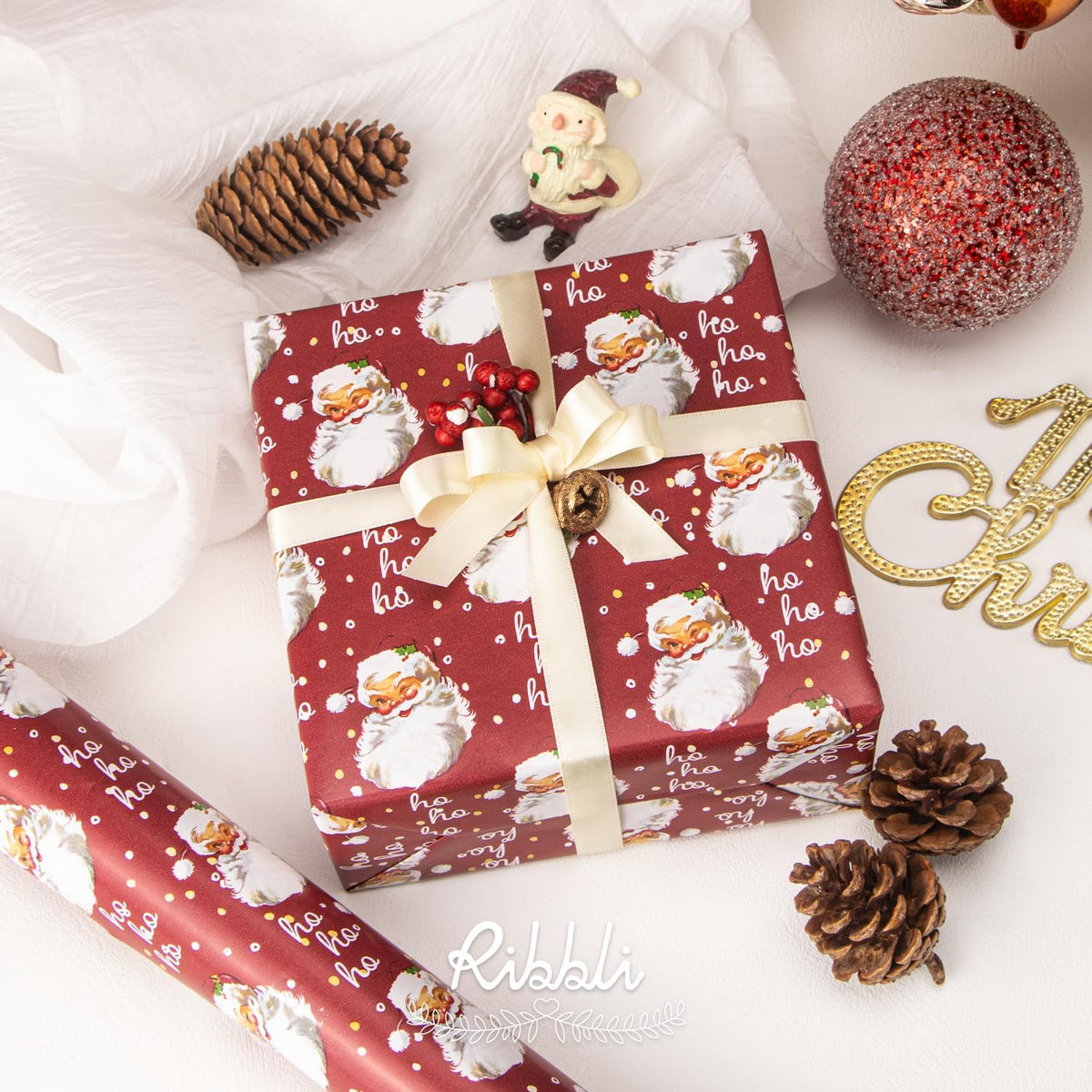 Ribbli Christmas Wrapping Paper Reversible Vintage Santa and Merry Christmas Red White Gift