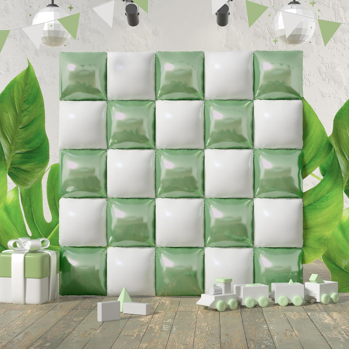 Square Foil Sage Green and White Balloon Wall Backdrop Tunnel Flat Double Sided Mylar Balloon Arch