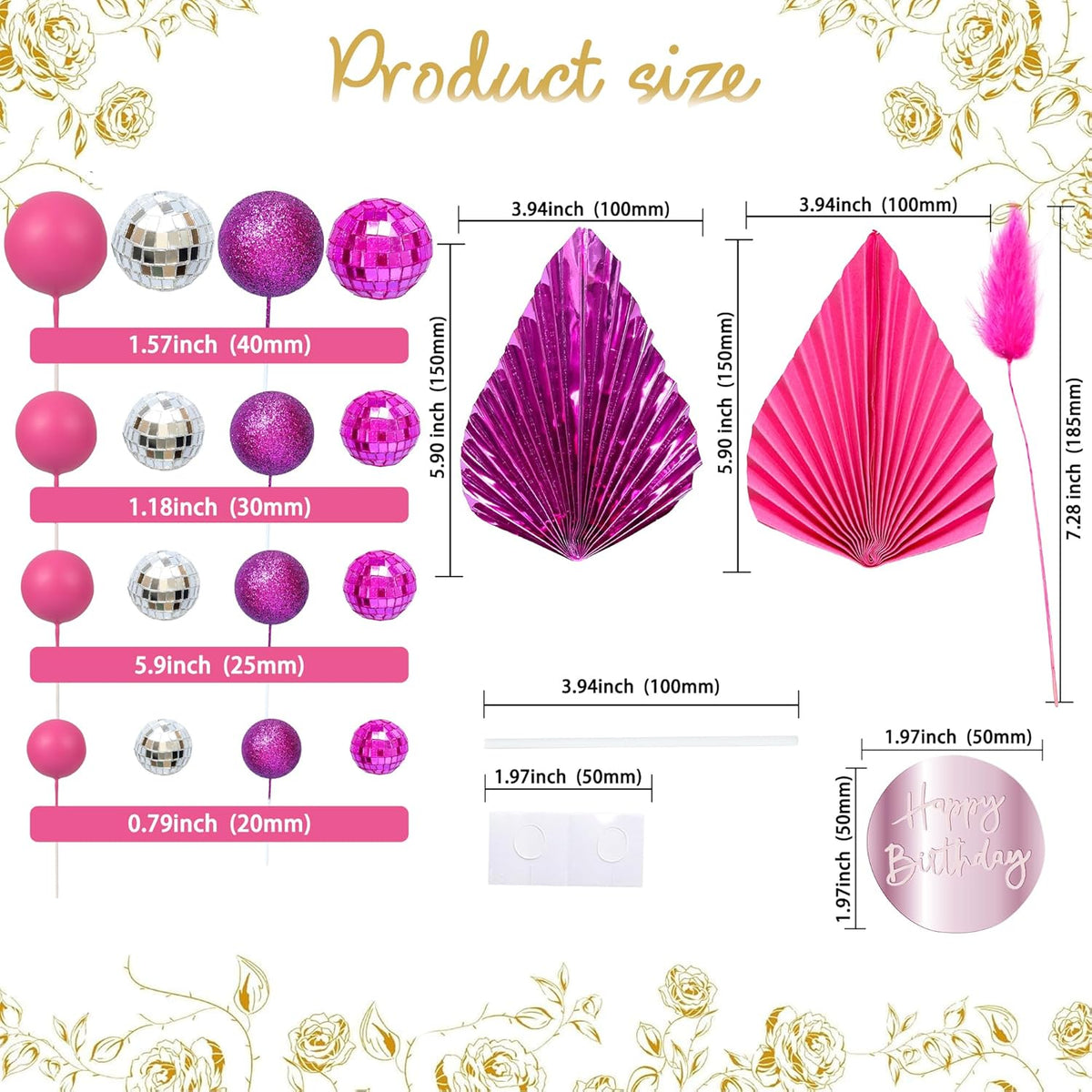 Ephlyn 33 Pack Balls Cake Toppers Boho Palm Leaves Cake Decorations Round Acrylic Happy Birthday