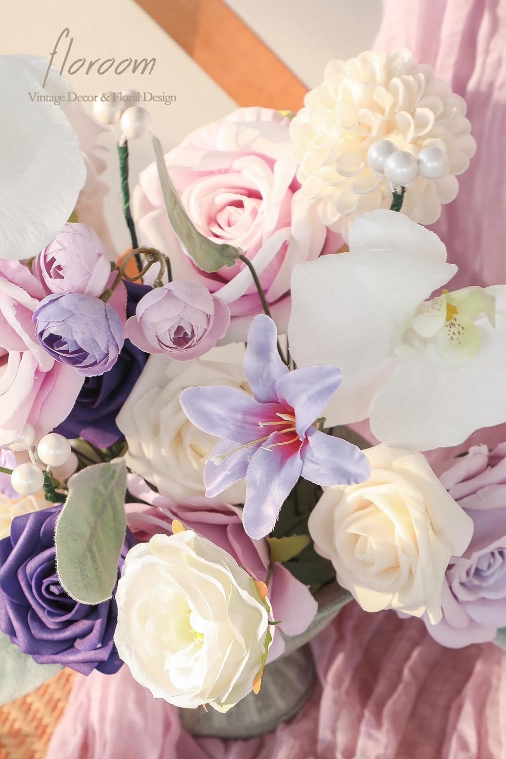 Floroom Lilac Lavender Purple Cream Artificial Flowers Fake Roses Dahlias and Greenery Combo Box