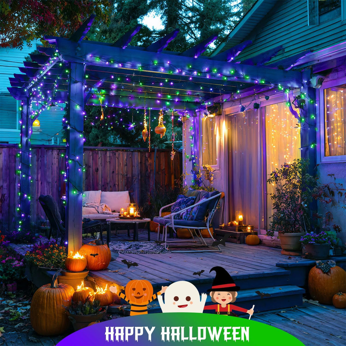 JMEXSUSS Purple and Green Halloween Lights, Total 66 FT 200 LED Solar Halloween Lights Outdoor, 2