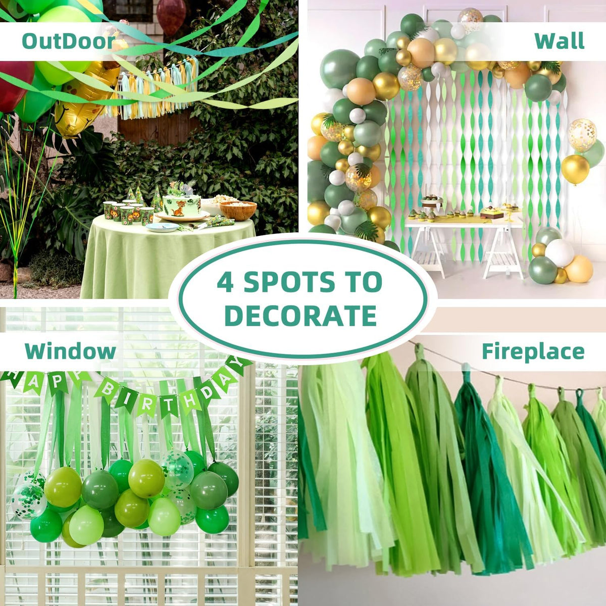 8 Pack Green White Crepe Paper Streamers Rolls, 656ft Party Streamers for Birthday Wedding Baby