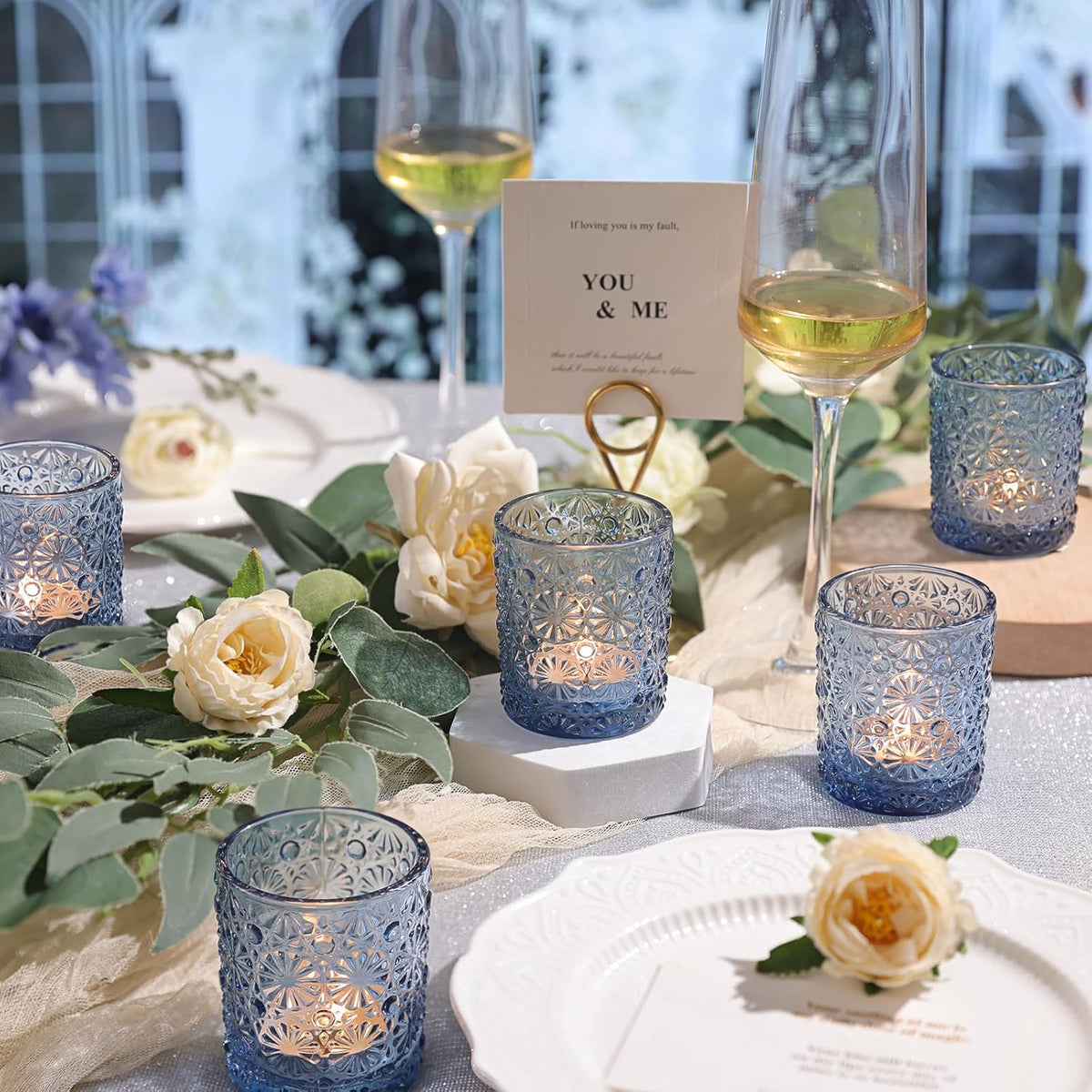 Blue Votive Candle Holder Set of 36, Flower Tea Lights Candles Holders for Wedding Table