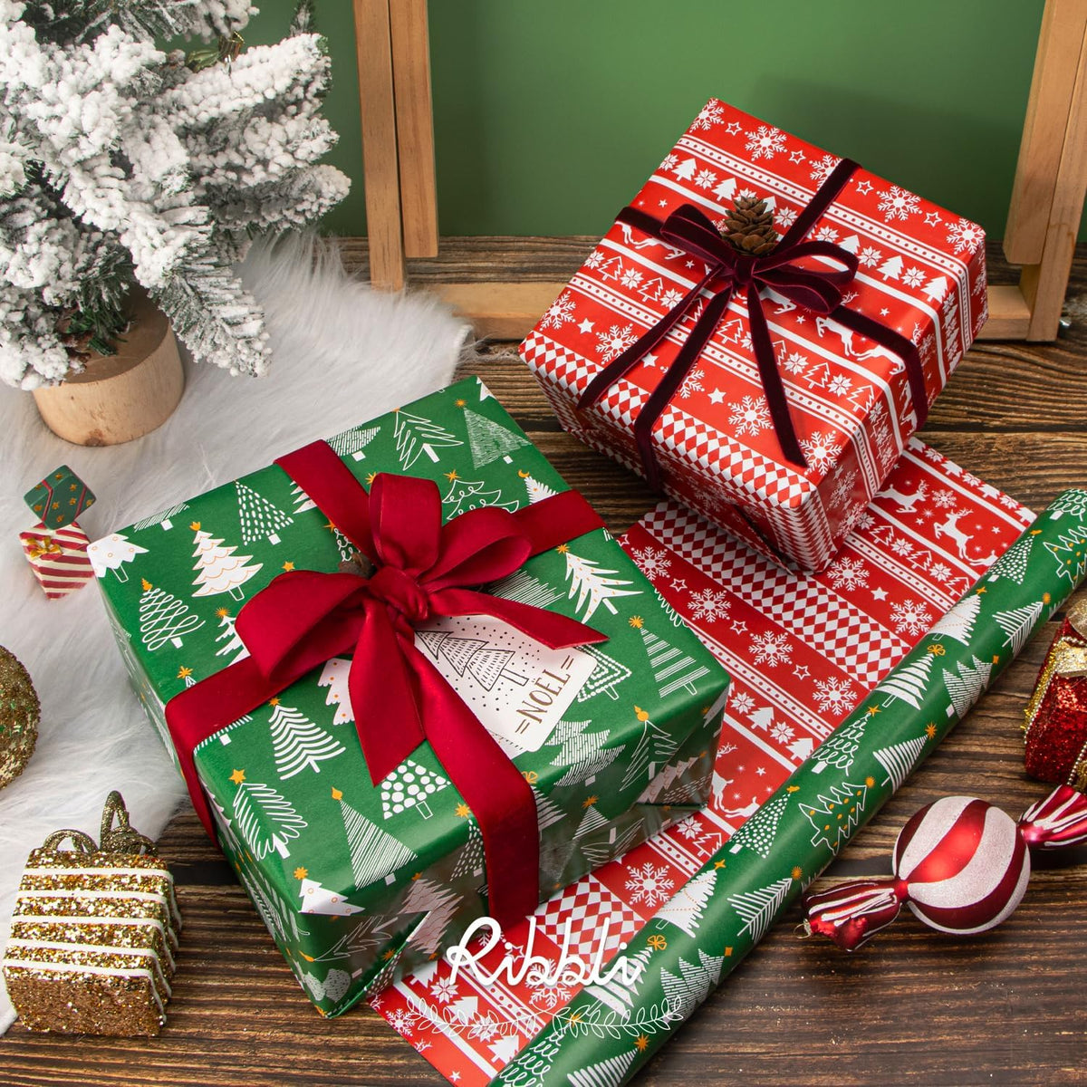 Ribbli Christmas Wrapping Paper Reversible Green Christmas Tree and Red Reindeer Gift Wrapping