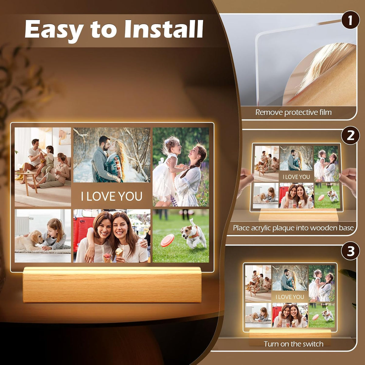 Custom Picture Frames with Photo, Personalized Photo Frame with Night Light, Customized Picture