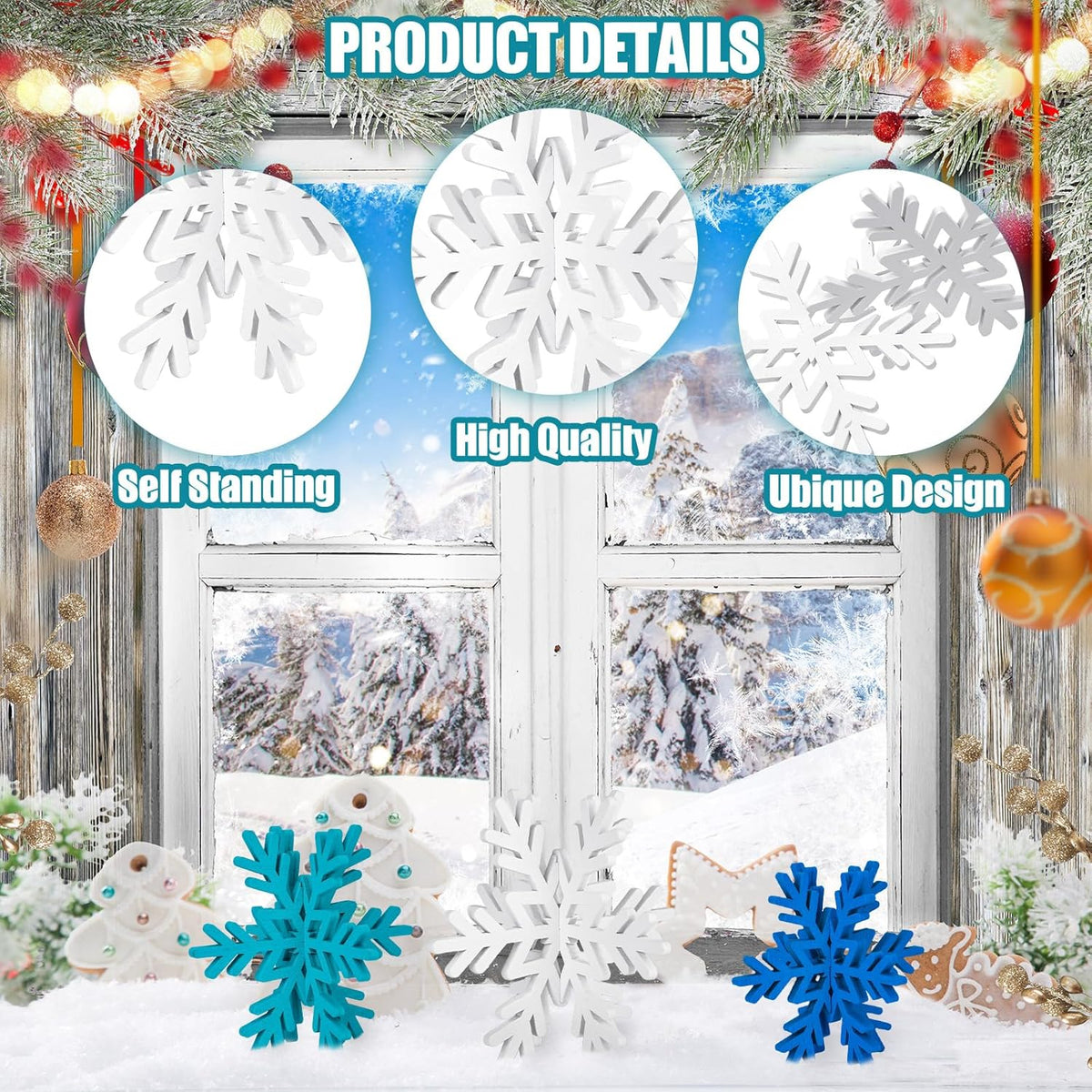 Qunclay 20 Pcs Wooden Snowflake Decorations 3D Snowflake Tabletop Decor Christmas Signs and
