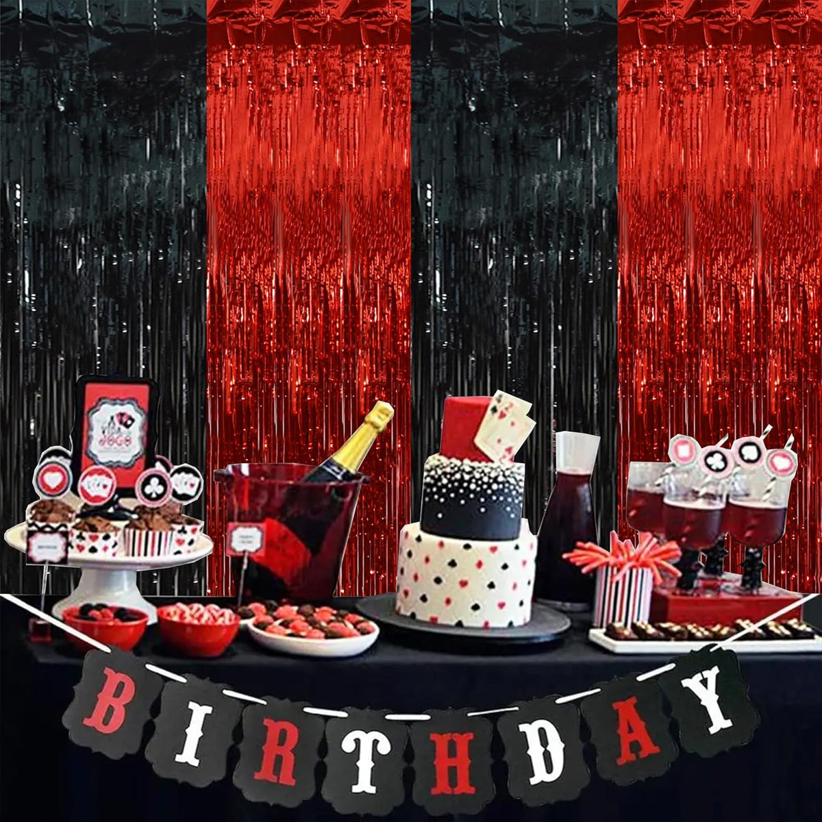 BEISHIDA 2Pcs Red Black Door Streamer Casino Backdrop Foil Fringe Tinsel Casino Horry Party