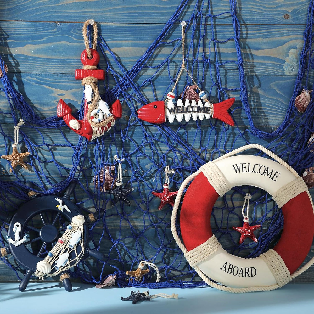 Marsui 11 Pcs Wooden Nautical Wall Decor Fishing Net Decoration, Include Decorative Fishing Net