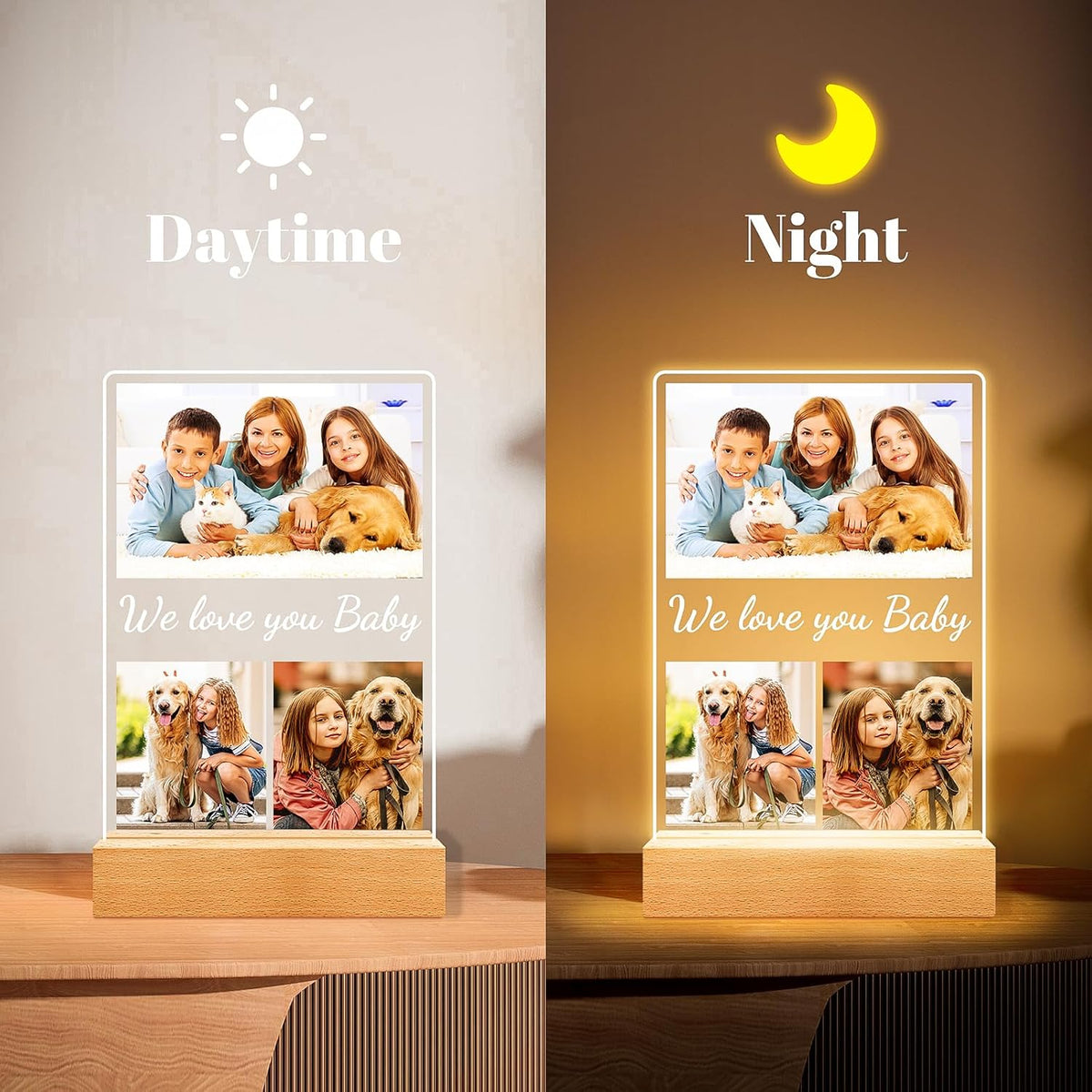 Custom Collage Picture Frames with Photos, Personalized Photo Frame with Night Light, Customized