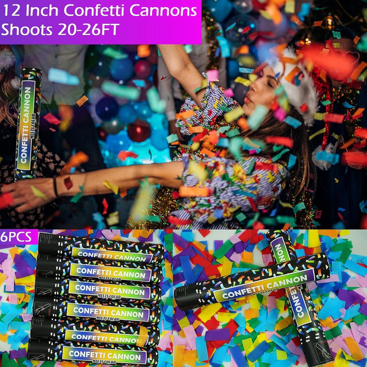 Biodegradable Confetti Cannon 6 Pack Multicolor Party Popper Shooters,12 Inch Large Confetti Cannon
