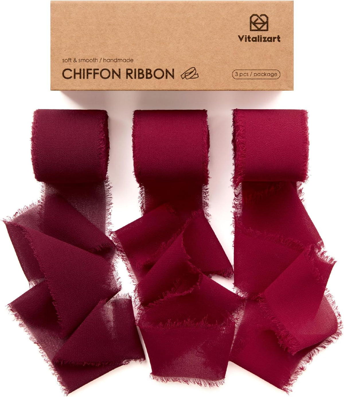 Vitalizart Red Handmade Chiffon Silk Ribbon Fringe 1.5" x 21 Yd Burgundy Frayed Edges Ribbons for