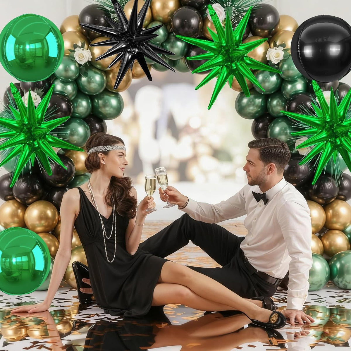 6Pcs Black Green Foil Balloons,22Inch Black Green 4D Round Ball Balloon and Explosion Star Balloon