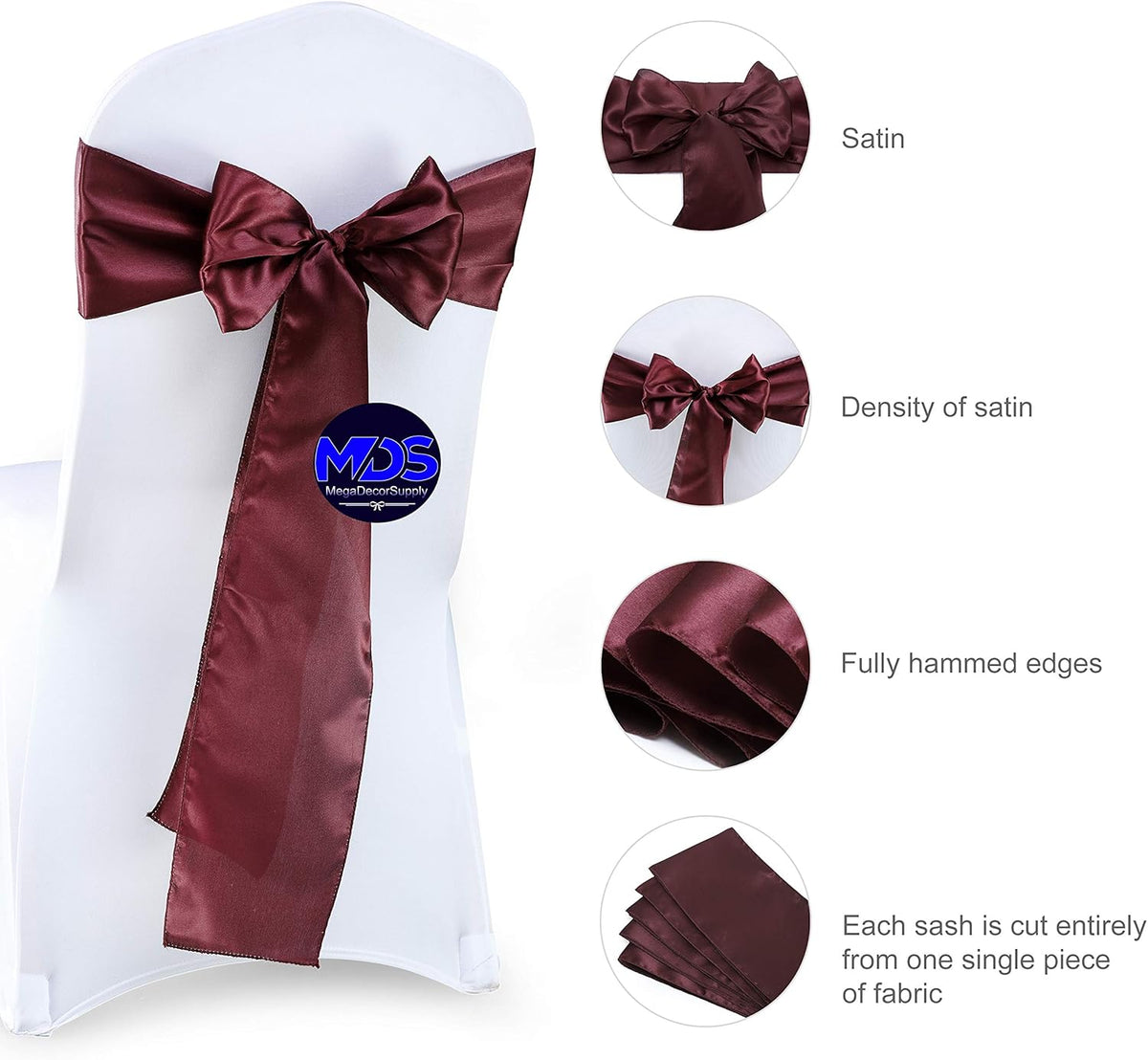 MDS Pack of 125 PCS Satin Chair Sashes Charmeuse Sateen Dining Chair Bows Ribbon Ties Back Sash for