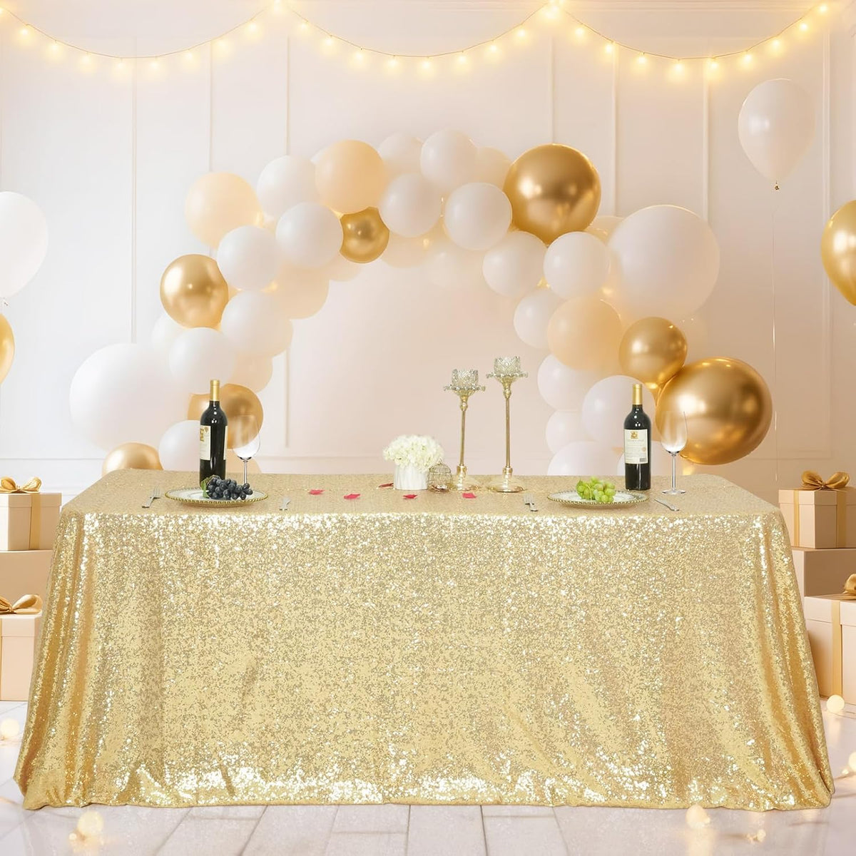 SquarePie Sequin Tablecloth 90 x 132 Inch Light Gold Sparkly Table Cloth for Wedding Party