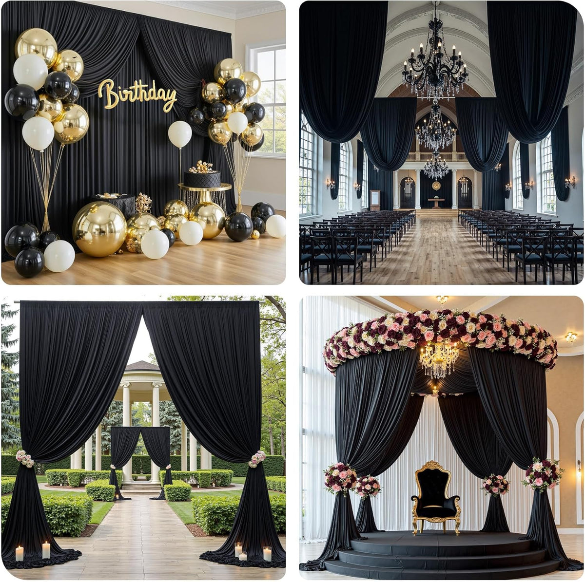 PartyVillage 30ft×15ft Black Backdrop Curtain for Halloween Parties, 6 Panels Wrinkle Free 15 FT